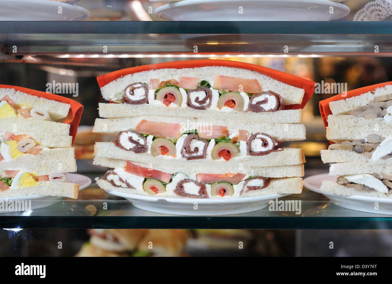 Sandwiches / panini on display in the window of a cafe / pasticcerie in Rome Italy. Stock Photo