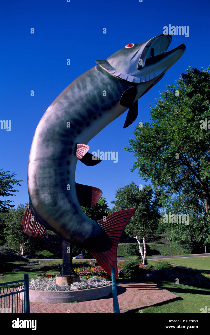 Husky the Muskie Statue, Roadside Attraction at McLeod Park, Lake of the Woods, Kenora, Ontario, Canada Stock Photo