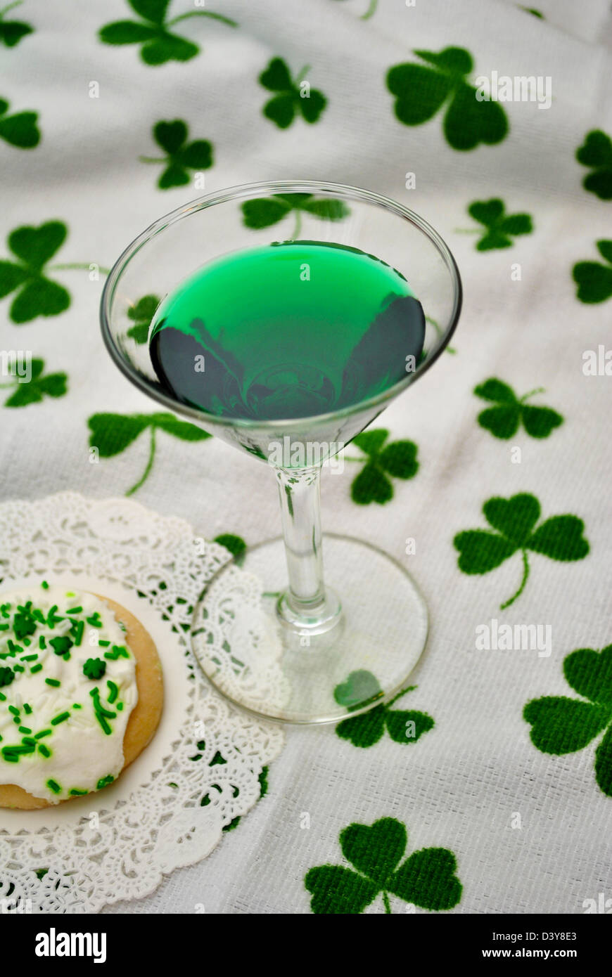Green Martini Over a Shamrock Background Stock Photo