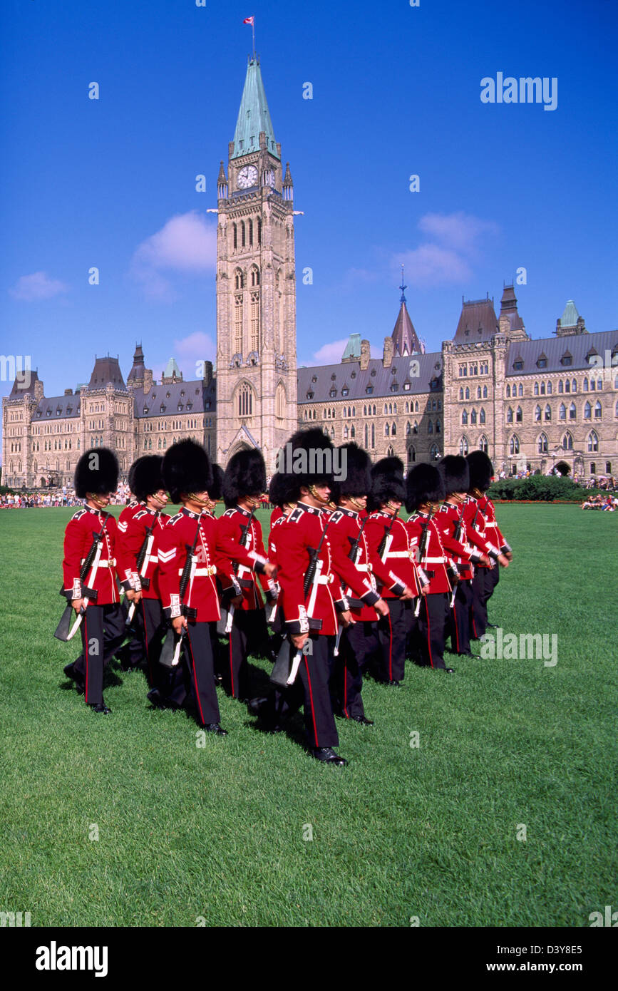 Parliament Buildings on Parliament Hill, Ottawa, Ontario, Canada - Changing of the Guard Ceremony, Peace Tower and Centre Block Stock Photo
