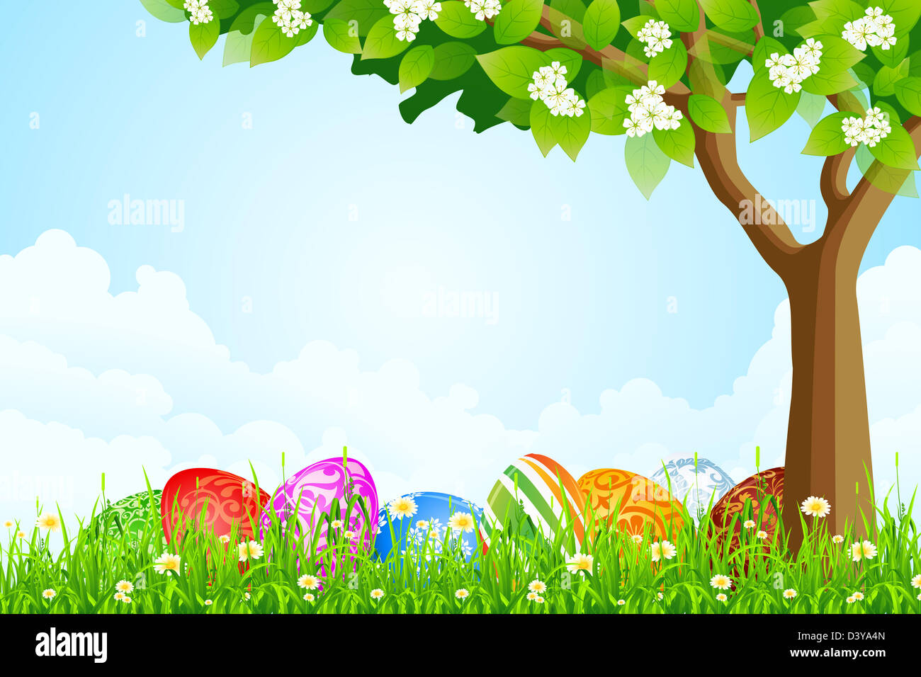 Green Tree Background with Easter Eggs, Tree , Grass, Flowers and