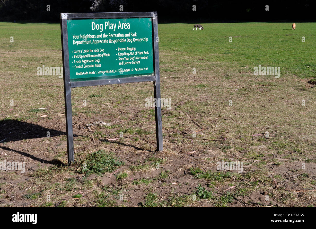 Dog play area sign in Stern Grove, San Francisco, California Stock Photo