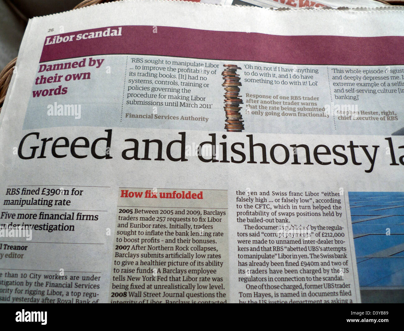 Libor scandal Guardian newspaper headline 'Greed and Dishonesty' London England UK 6 February 2013 Stock Photo