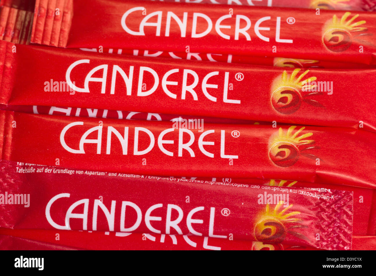 Sachets of Canderel artificial sweetener Stock Photo