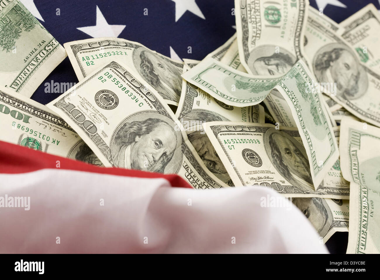 large stack or pile of hundred dollar bills in US currency Stock Photo