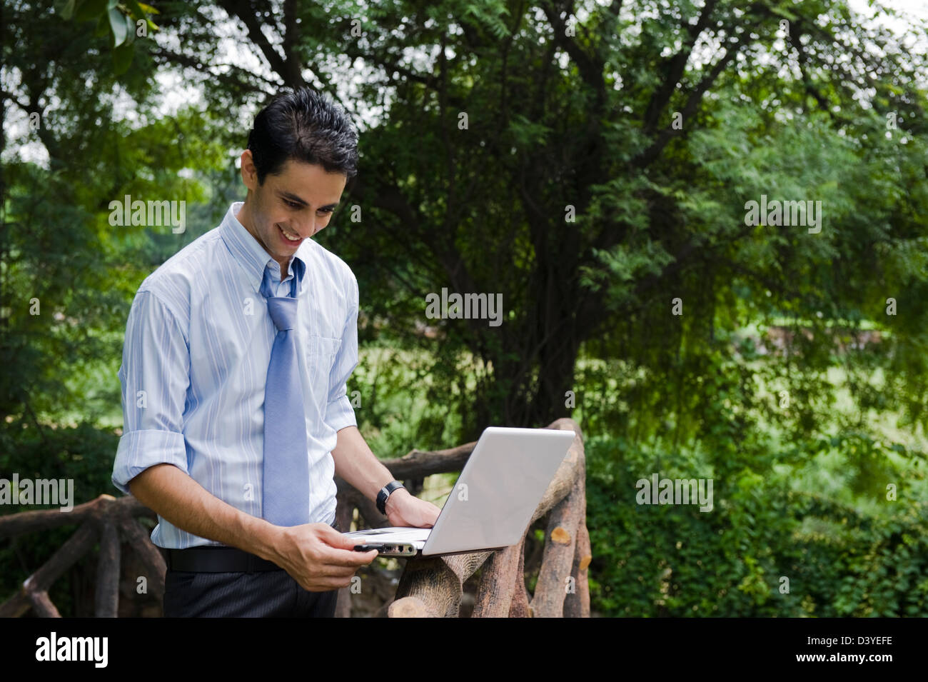 Businessman using a laptop in a park Stock Photo - Alamy