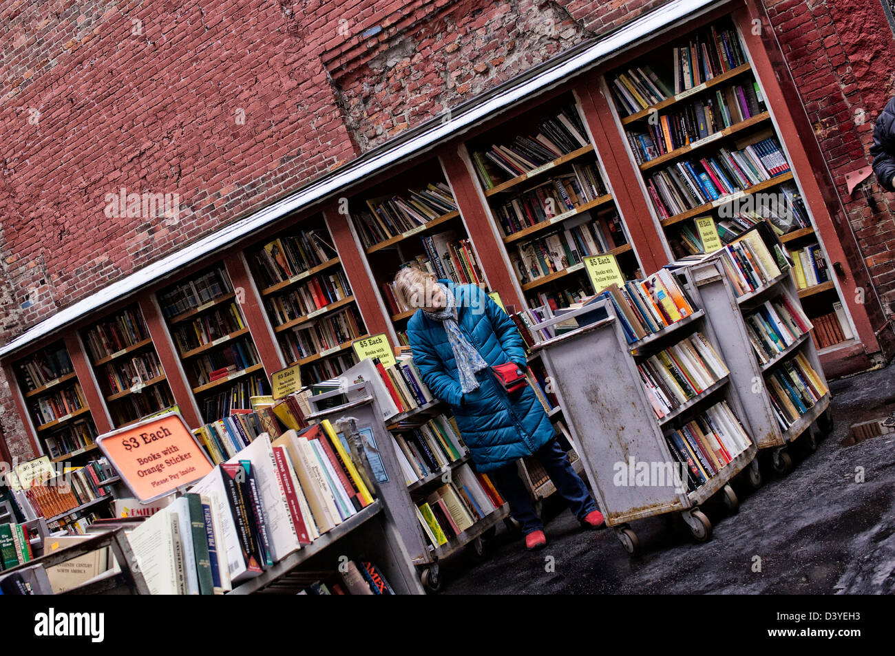 Outdoor bookstore with female shopper reviewing books on bottom shelf
