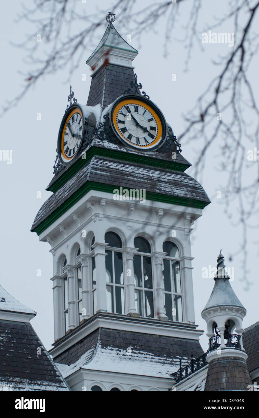 Clock tower on Guildhall Building, Grantham Lincolnshire in winter with