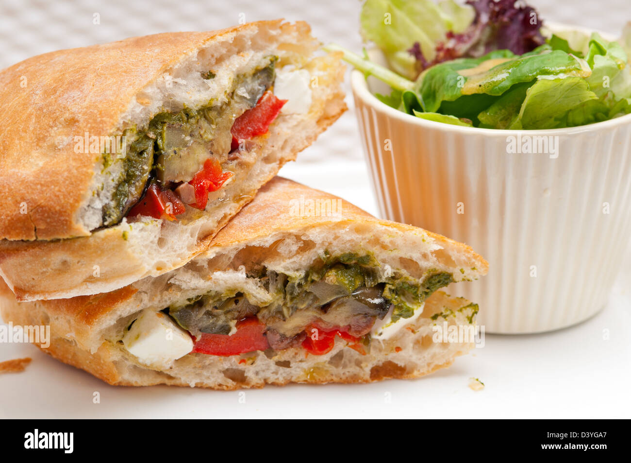 Italian ciabatta panini sandwichwith with vegetable and feta cheese Stock Photo