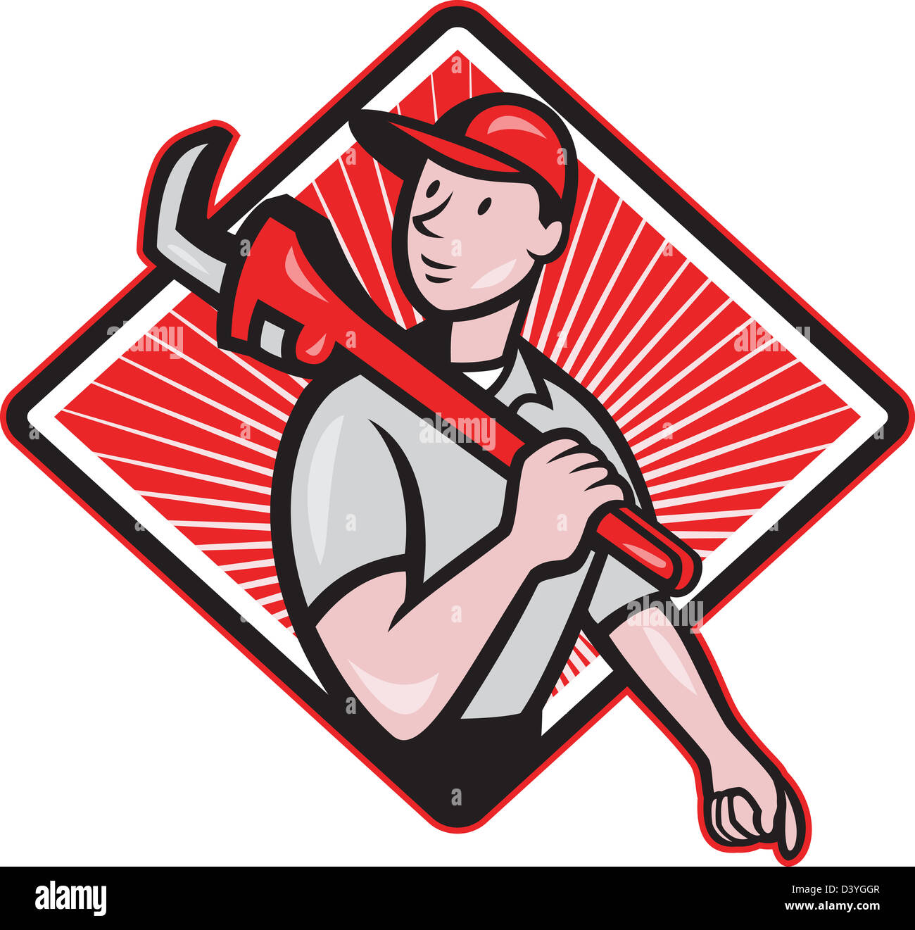 Illustration of a plumber with monkey wrench done in cartoon style on isolated background Stock Photo
