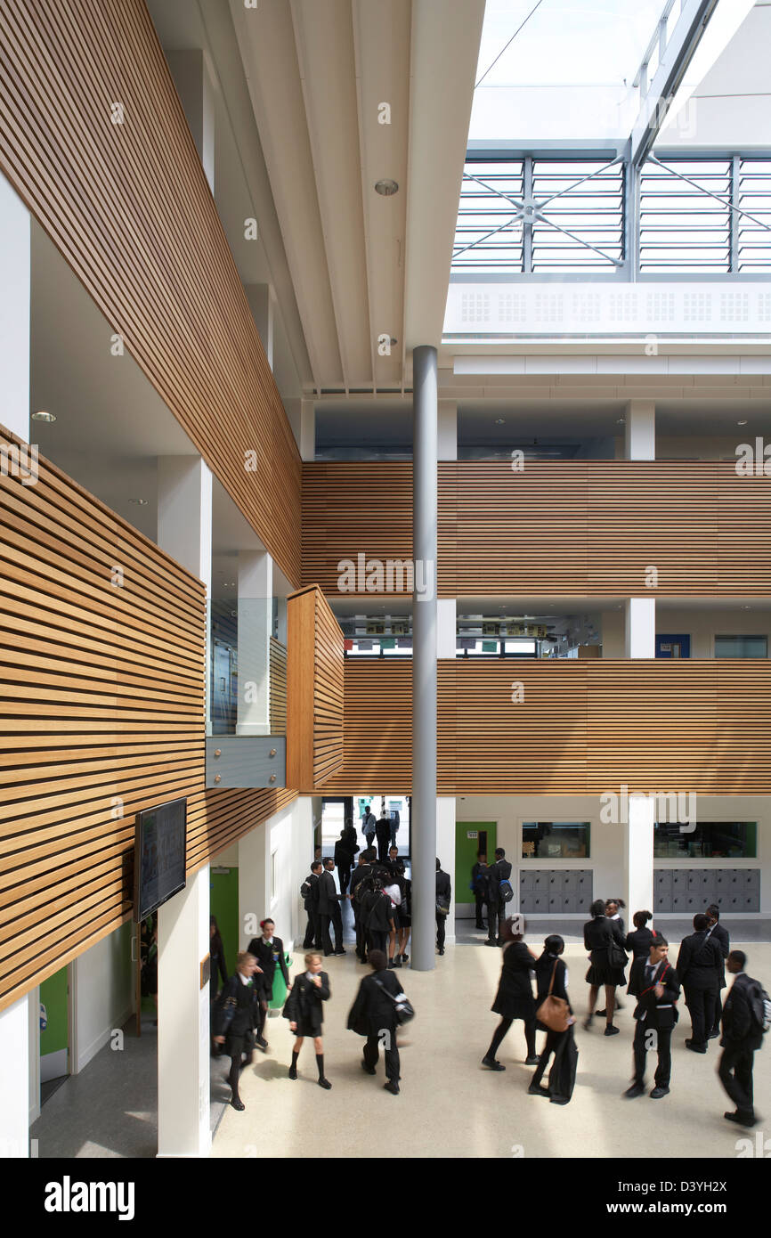Oasis Academy, Coulsdon, United Kingdom. Architect: Sheppard Robson, 2011. Detailed perspective of double-height assembly hall. Stock Photo