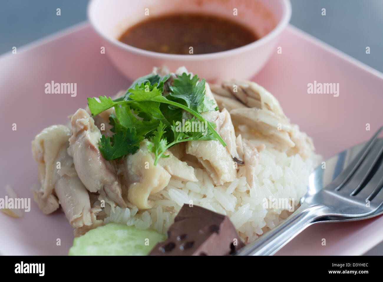 Rice steamed with chicken soup and sauce Stock Photo