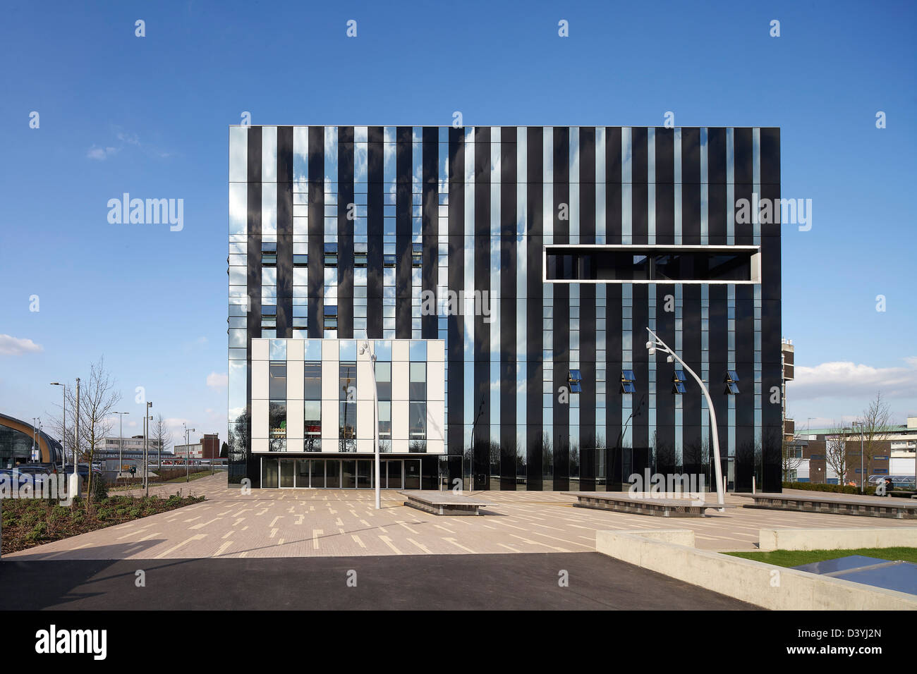 CORBY CUBE, Corby, United Kingdom. Architect: Hawkins Brown Architects LLP, 2010. Straight on elevation of Cube from square. Stock Photo