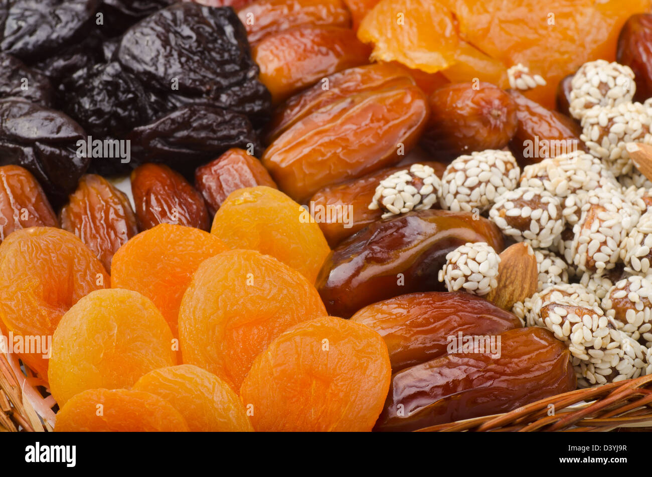 Mix of healthy dried fruits and nuts Stock Photo