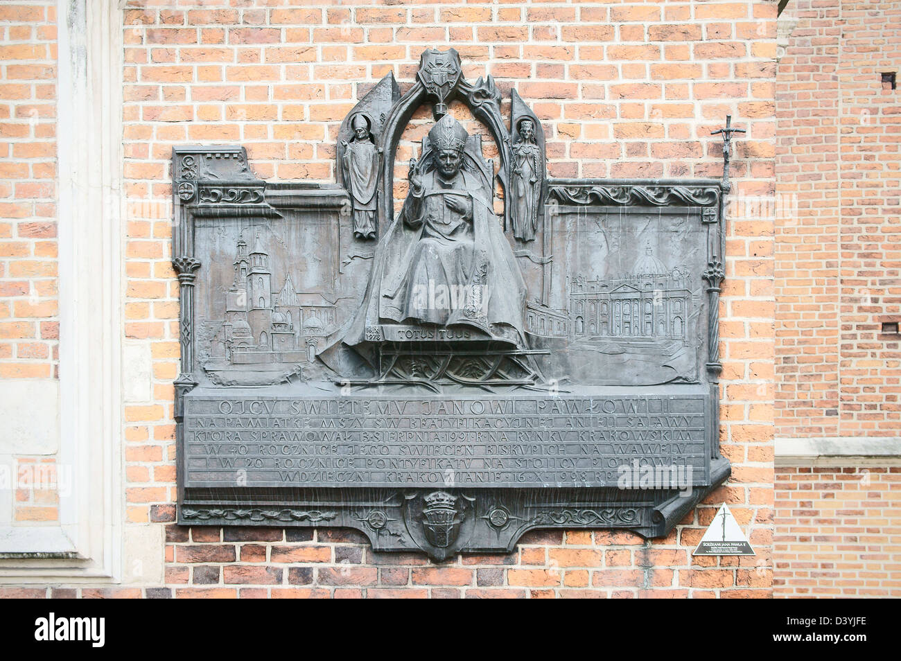 memorial plaque Pope John Paul II, Jan Pawel II, slogan Totus tuus, Krakow, Poland, October 25, 2012.  (CTK Photo/Libor Sojka) Stock Photo