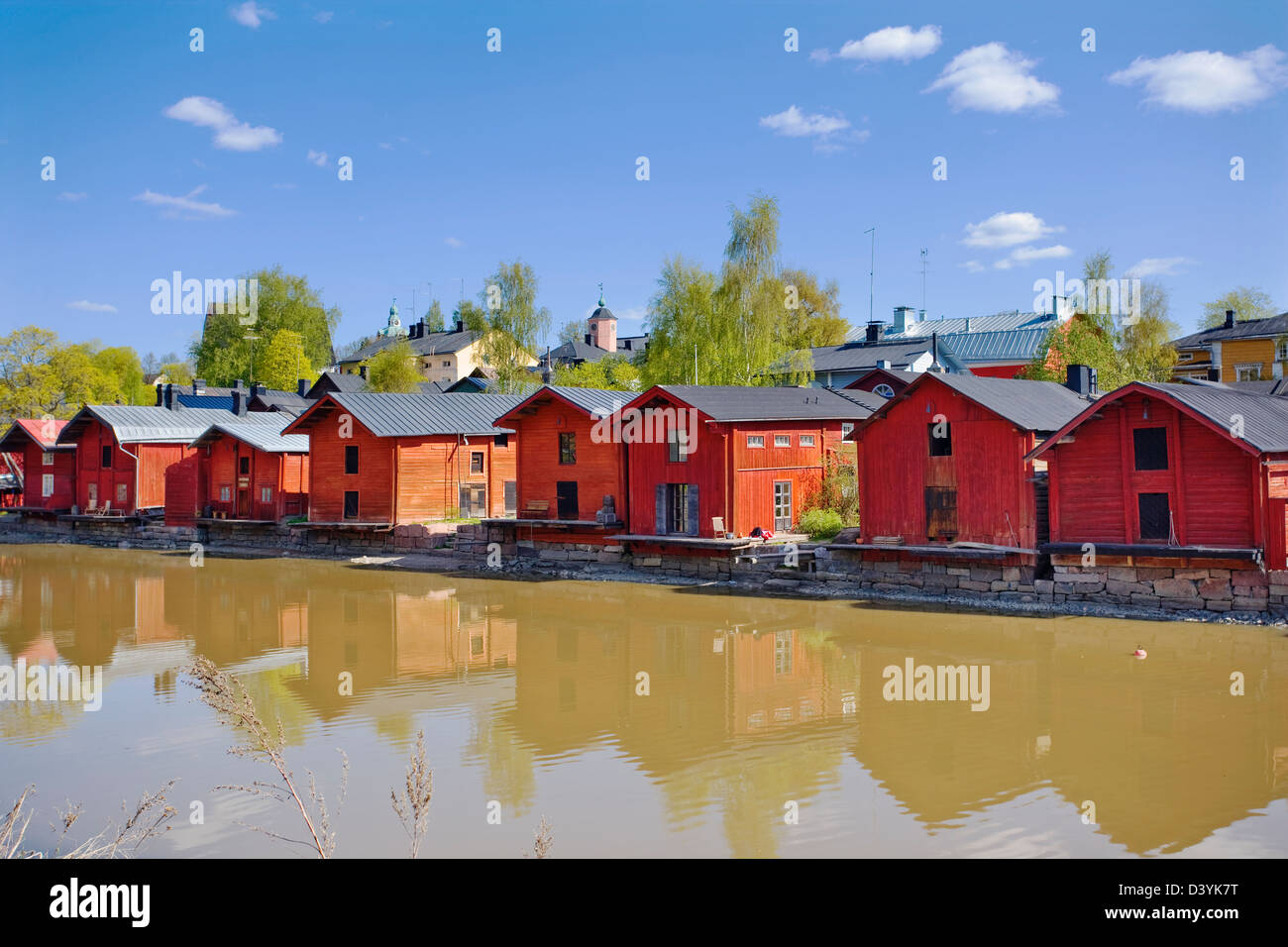 Finland, Southern Finland, Porvoo, red-ochre painted shore houses, riverside storage buildings Stock Photo