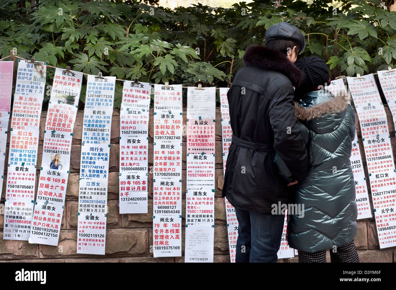 A Chinese couple view matchmaking notices at the Marriage Market in People's Park, Shanghai Stock Photo