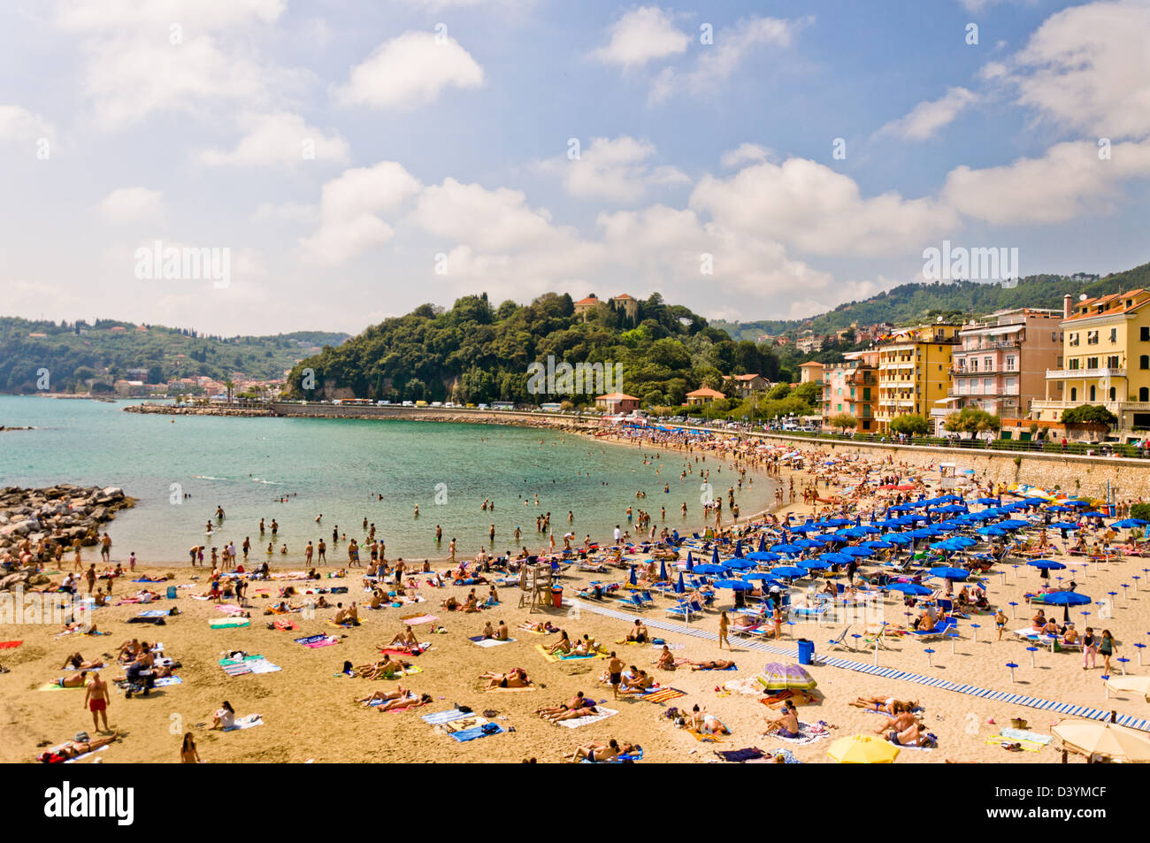 crowded beach on the Ligurian Sea, Lerici , Italy Stock Photo