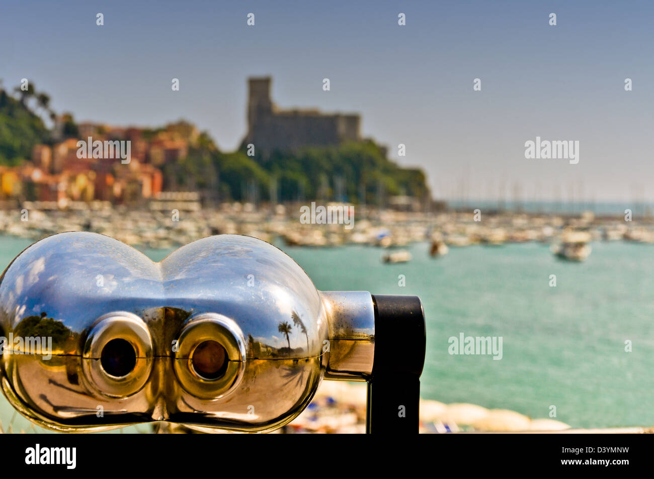 binocular pointing at Lerici village, in Liguria Italy Stock Photo