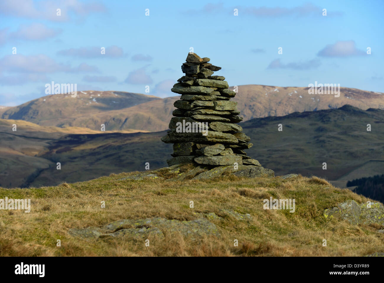 Summit cairn on Ullgraves. Potter Fell, Lake District National Park, Cumbria, England, United Kingdom, Europe. Stock Photo