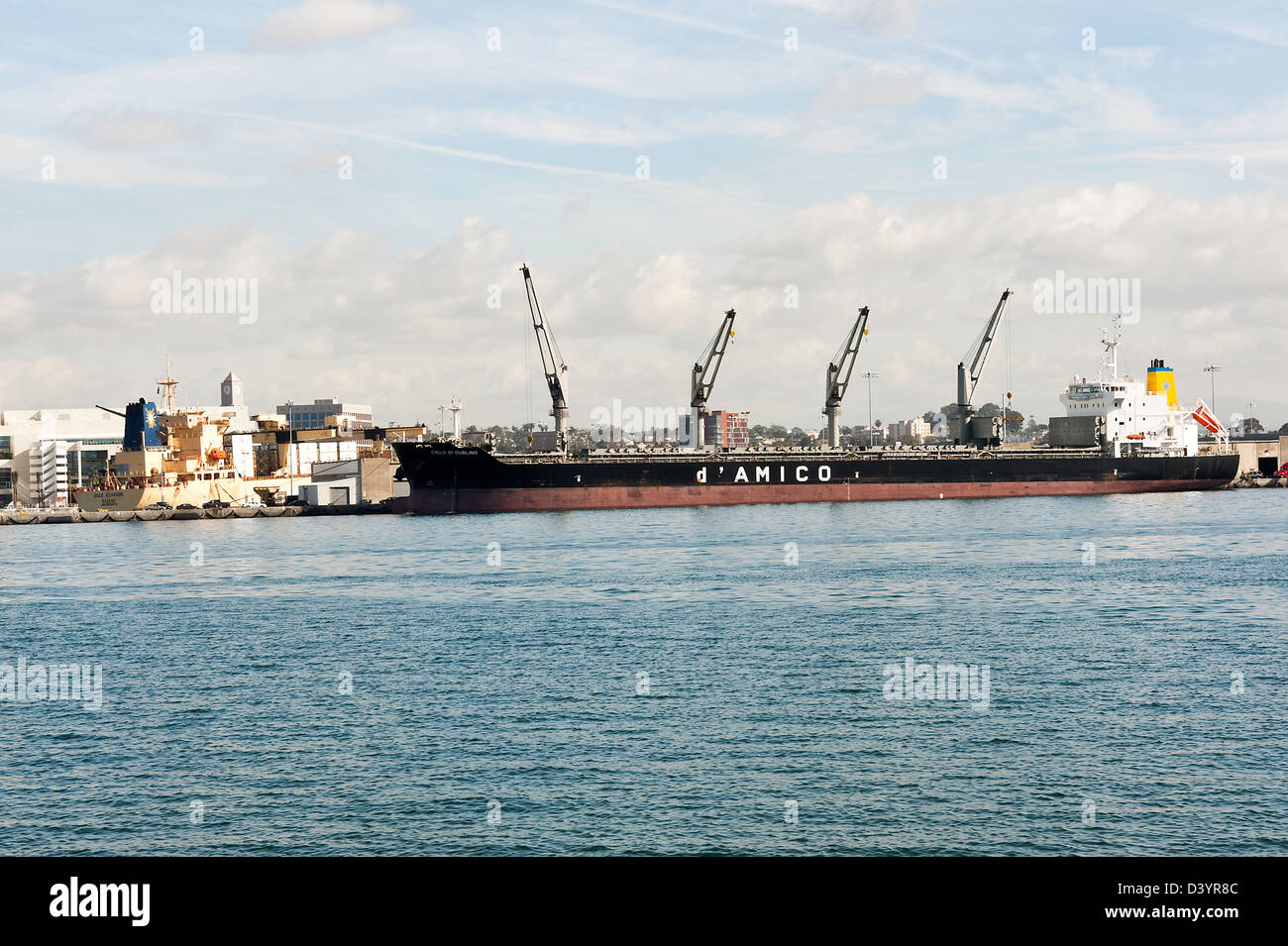 Container Ship and Bulk Carrier Docked in Harbour at San Diego Port