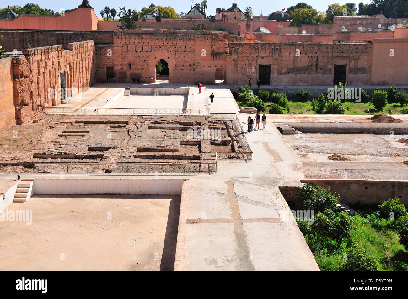 View from the rooftop terrace of the mudbrick walls,  grounds and sunken gardens of the  El Badii Palace, Marrakech, Morocco Stock Photo