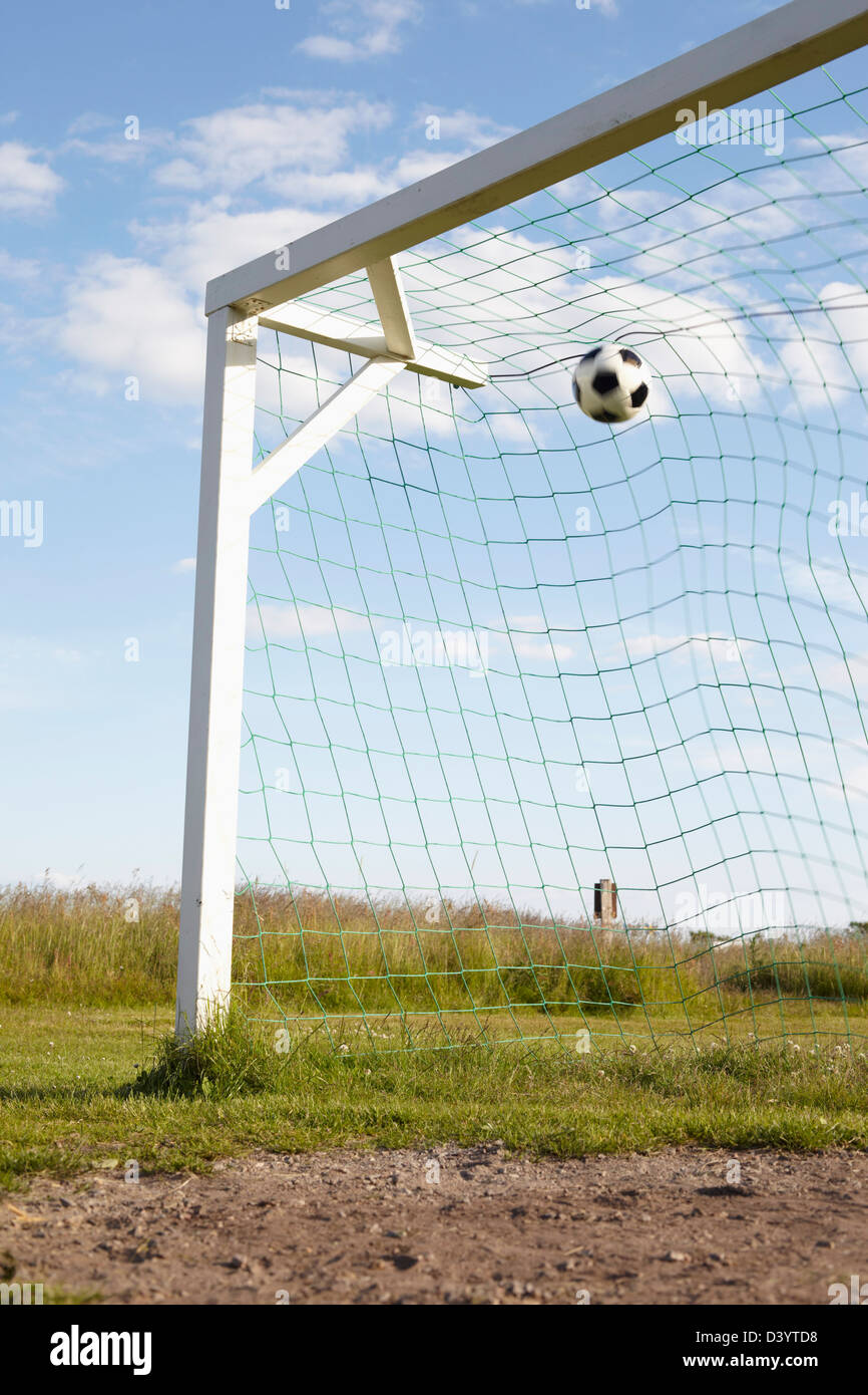 Soccer Net and Soccer Ball, Lysekil, Vastra Gotaland County, Bohuslaen, Gotaland, Sweden Stock Photo