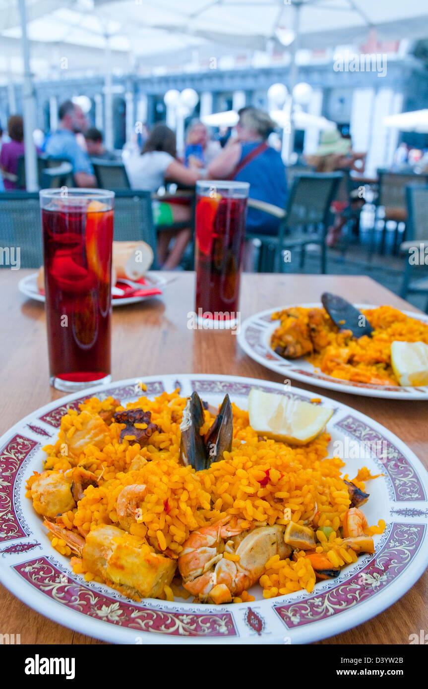 Paella for two. Main Square, Madrid, Spain. Stock Photo