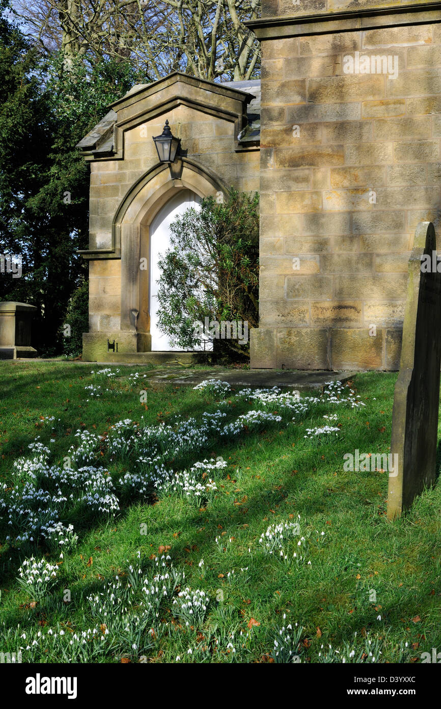 Dappled Spring sunlight at the entrance to St Helen's Church, Denton, Yorkshire England Stock Photo