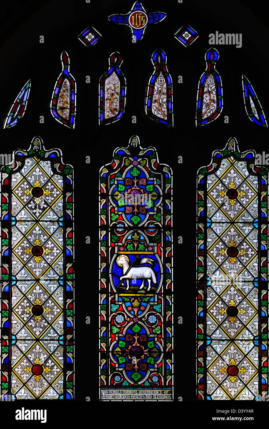 Agnus Dei: East window of the Parish Church of All Saints, Broughton-with-Elslack, Yorkshire, England Stock Photo