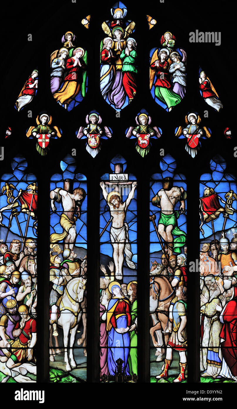 The drama of the Passion portrayed in the East window of All Saints' Parish Church Ilkley, Yorkshire, England Stock Photo