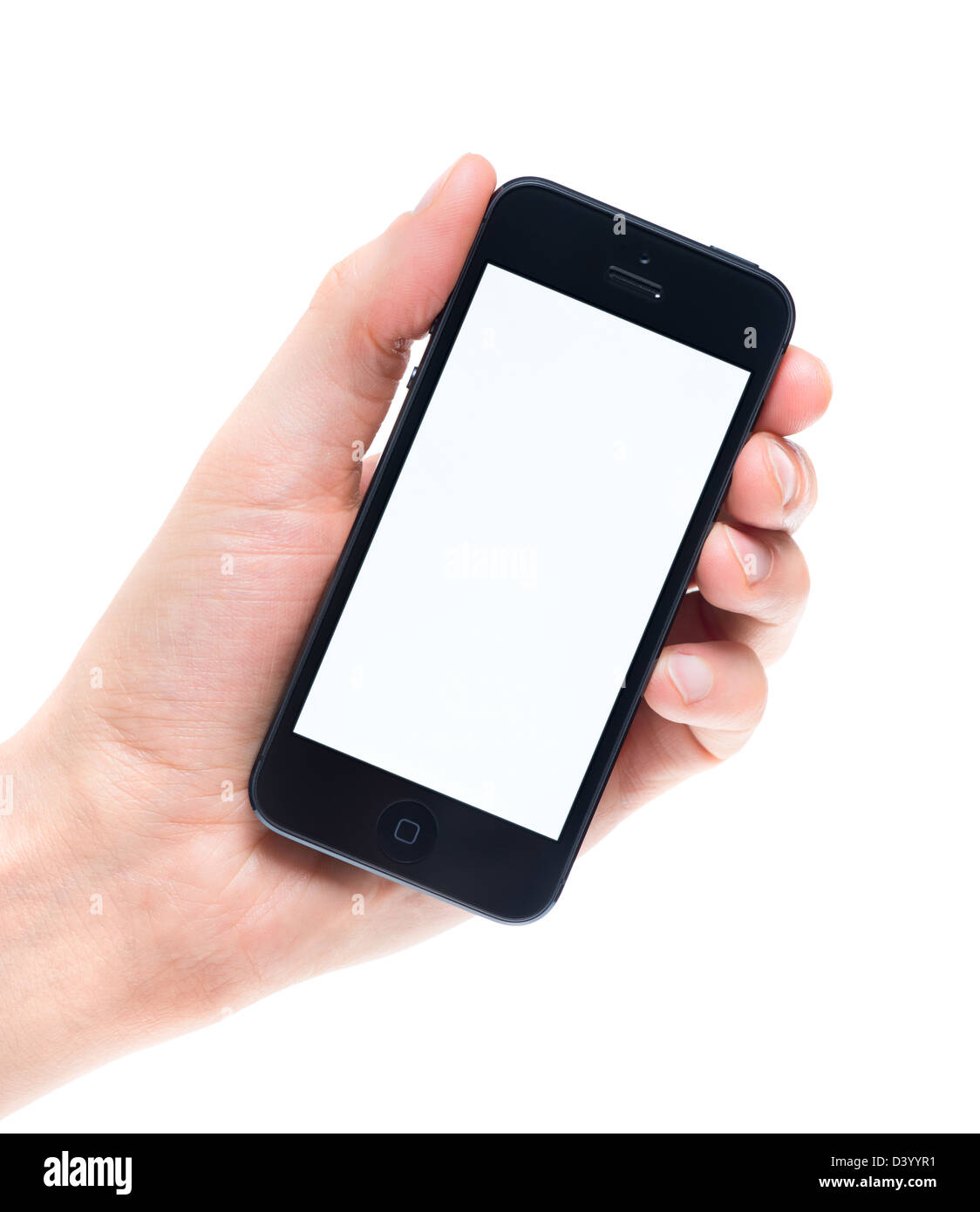 Man hand holding new black Apple iPhone 5 with blank screen. Stock Photo