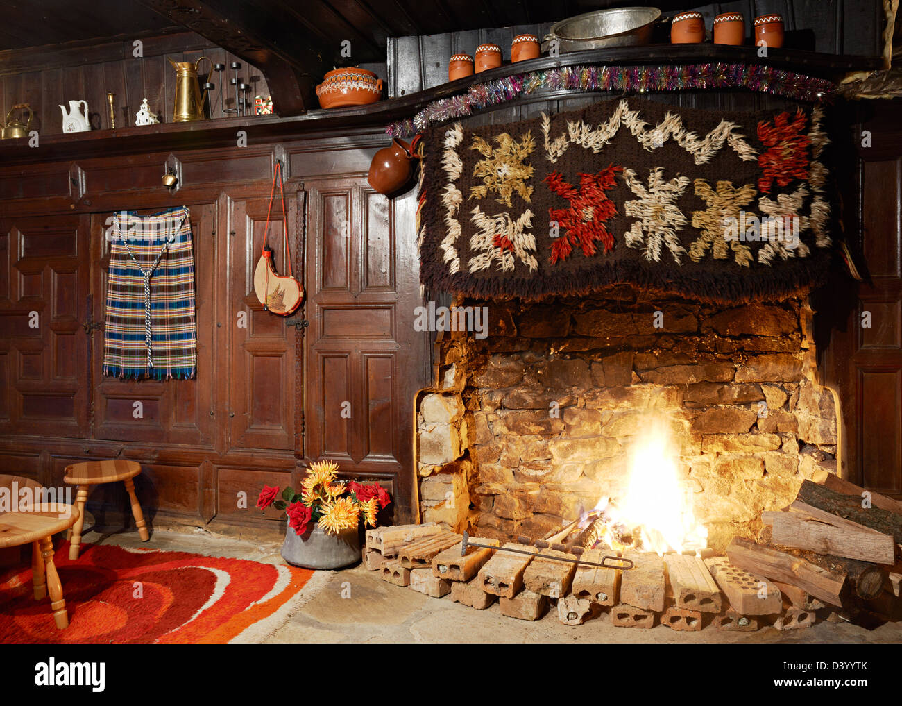 Fireplace inside traditional Bulgarian wooden house from the revival