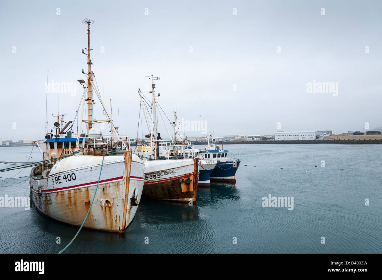 Icelandic fishing boats in the harbour at Grindavik Iceland Stock Photo