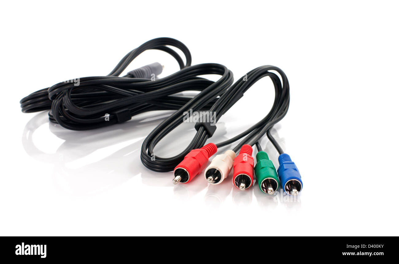 black cables with cable connectors in yellow white and red Stock Photo