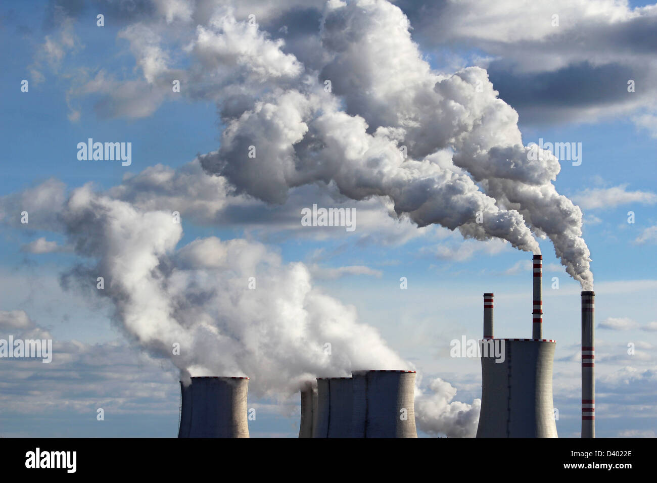 smoking cooling towers of coal power plant Stock Photo