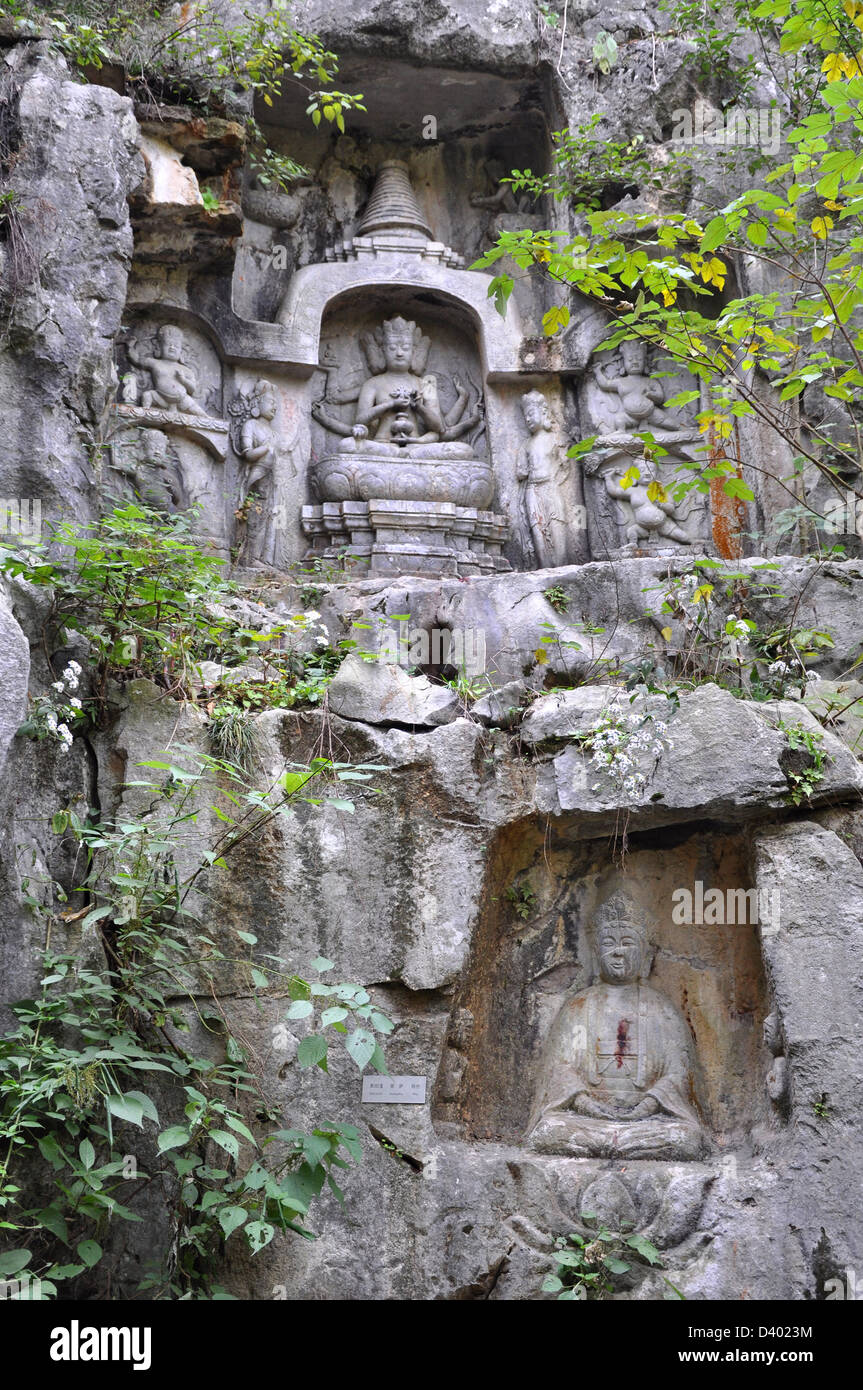 Buddhist statues engraved in the rock - Lingyin temple, Hangzhou near Shanghai, China Stock Photo