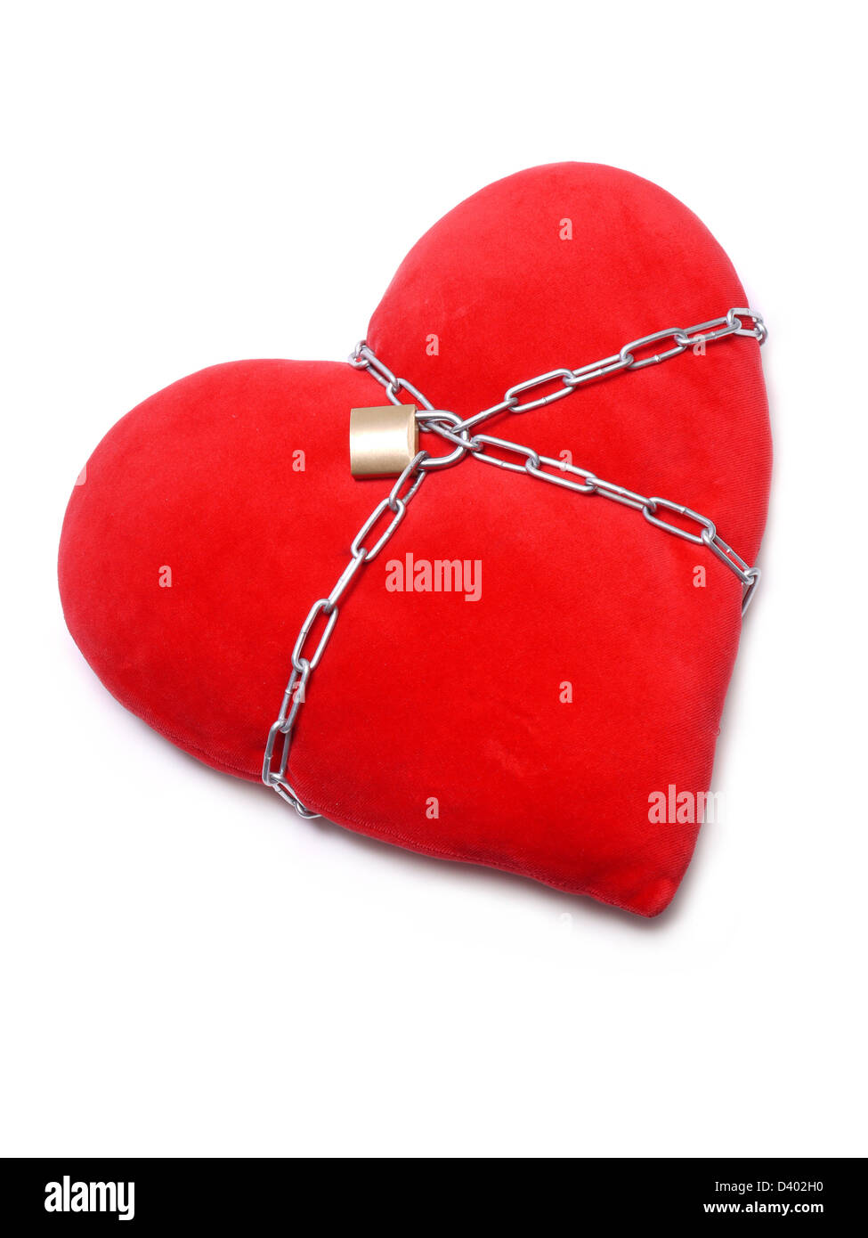 Chained red heart-shaped pillow over white background Stock Photo