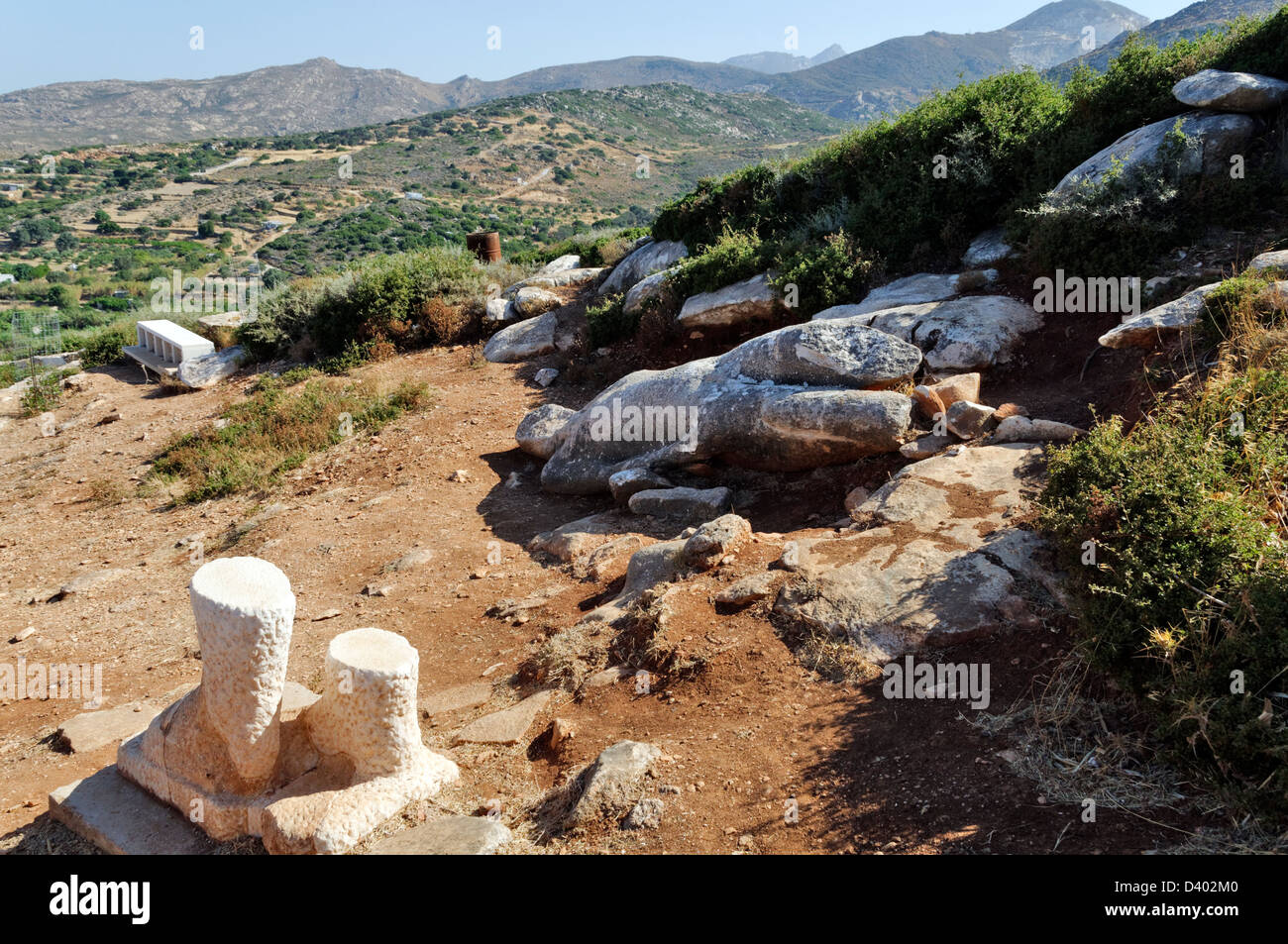 Naxos. Cyclades. Greece. The Kouros of Farangi layss abandoned at the ancient marble quarries of Melanes valley on Naxos Island Stock Photo