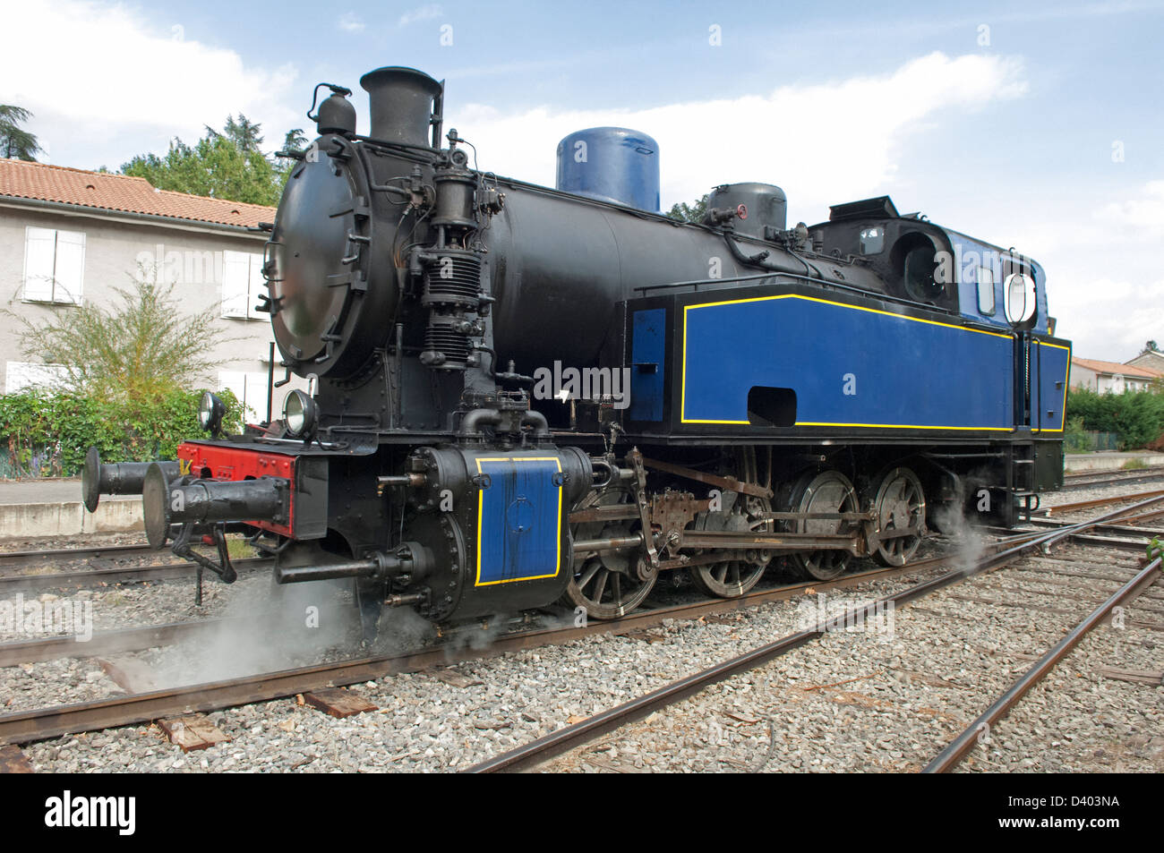Henschel 040T 2524 steam locomotive approaching station at St Jean du Gard in the Gard (30) departement of France.