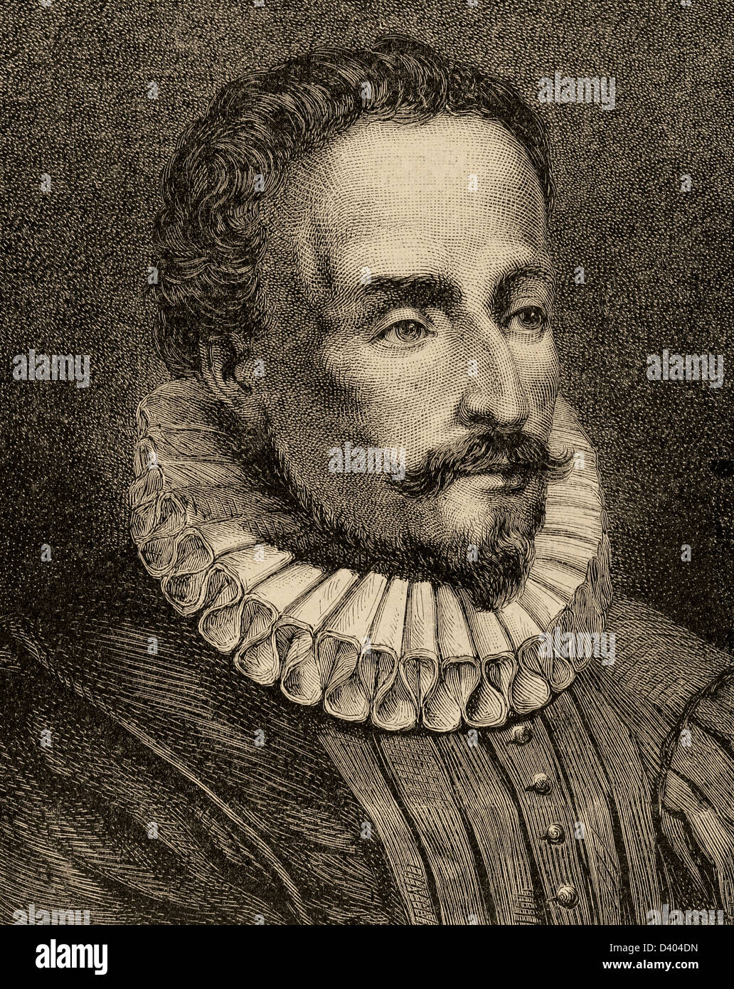 Miguel de Cervantes (1547-1616). Spanish writer. Engraving by Capuz in The Spanish and American Illustration, 1872. Stock Photo