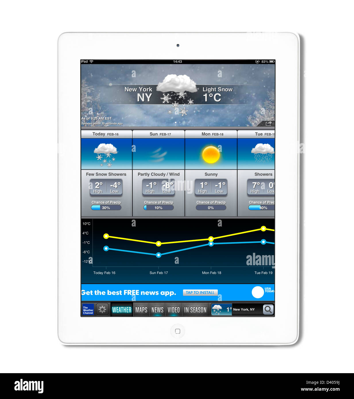 Looking at the forecast for New York City on the Weather Channel app ( Weather.com ) on an iPad 4 Stock Photo