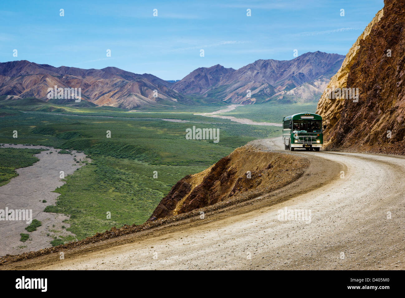 Buses shuttle visitors on the limited access Denali Park Road, Denali National Park, Alaska, USA. Polychrome Pass Stock Photo