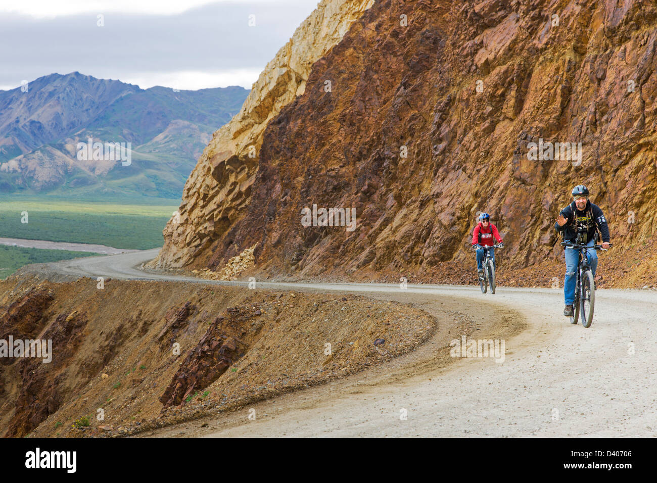 Cyclists ride on the limited access Denali Park Road, Denali National Park, Alaska, USA. Polychrome Pass Stock Photo