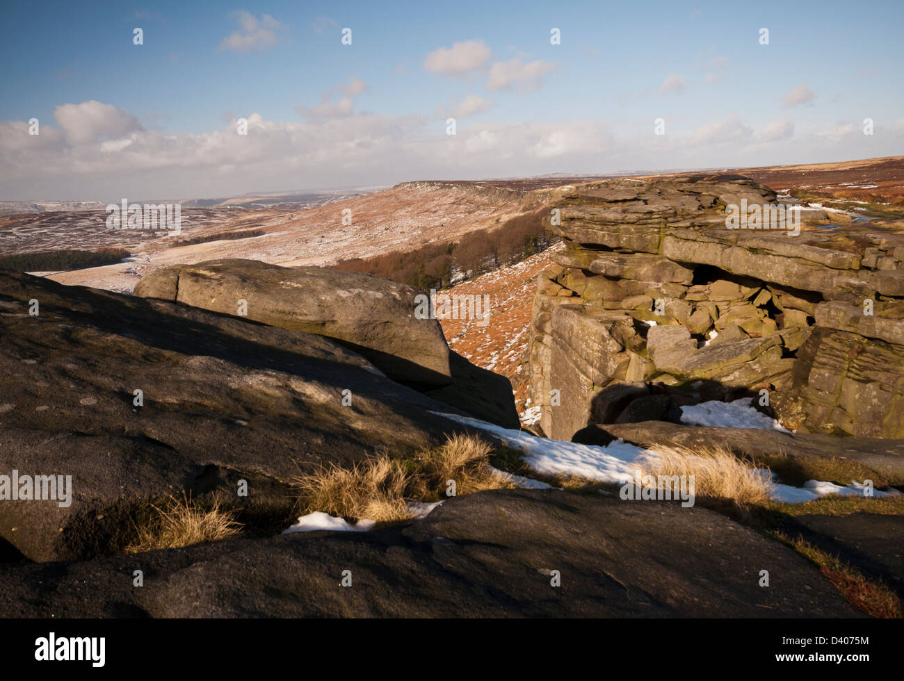 Looking North West from next to Robin Hoods Cave, Stanage Edge on a wintry morning in the Peak District National Park Stock Photo
