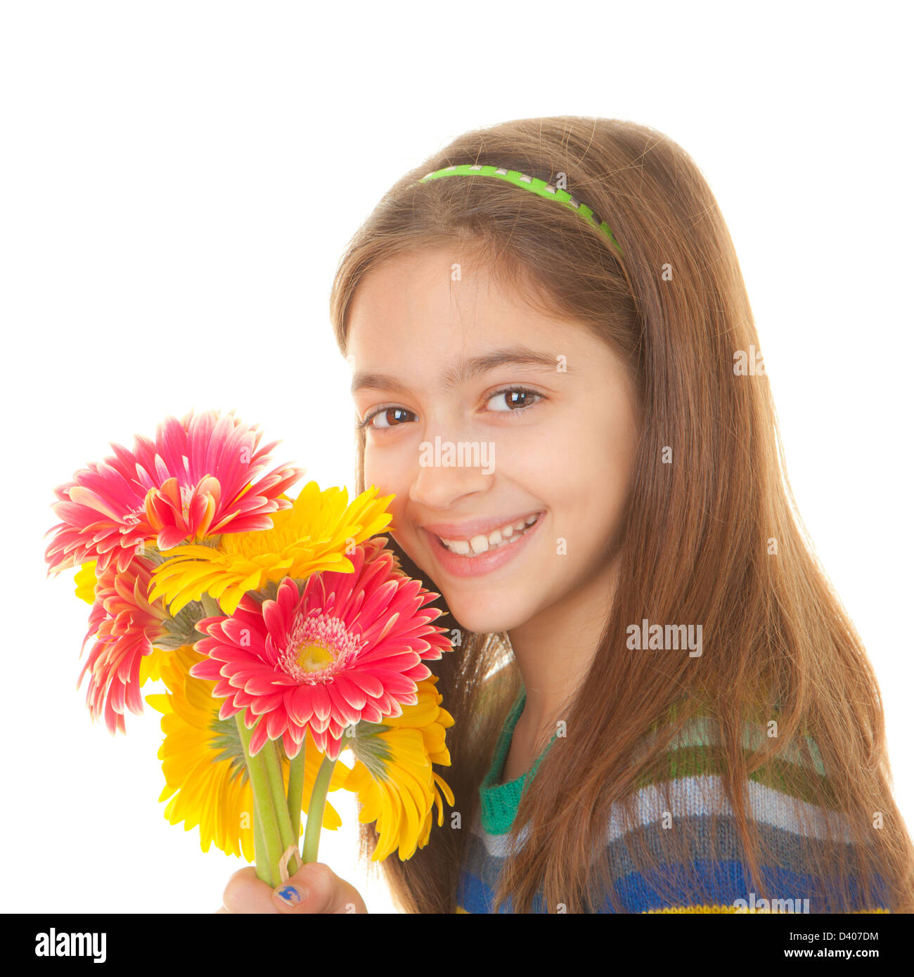 Happy child with bunch of flowers Stock Photo Alamy