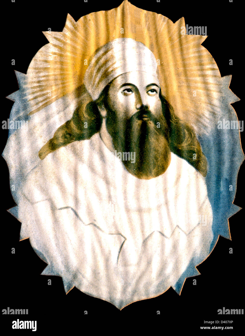 Portrait of the  Zoroastrian prophet Zarathustra Zoroaster, also known as Zarathustra, Zarathushtra Spitama, or Ashu Zarathushtra, was an ancient Iranian prophet, spiritual leader and ethical philosopher who taught a spiritual philosophy of self-realization and realization of the Divine. C.1500 BCE. Stock Photo