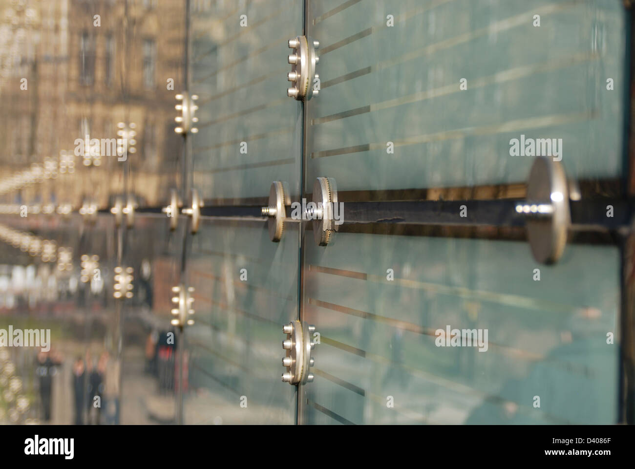 Plate glass fittings and reflections on the Urbis building, Manchester. Stock Photo