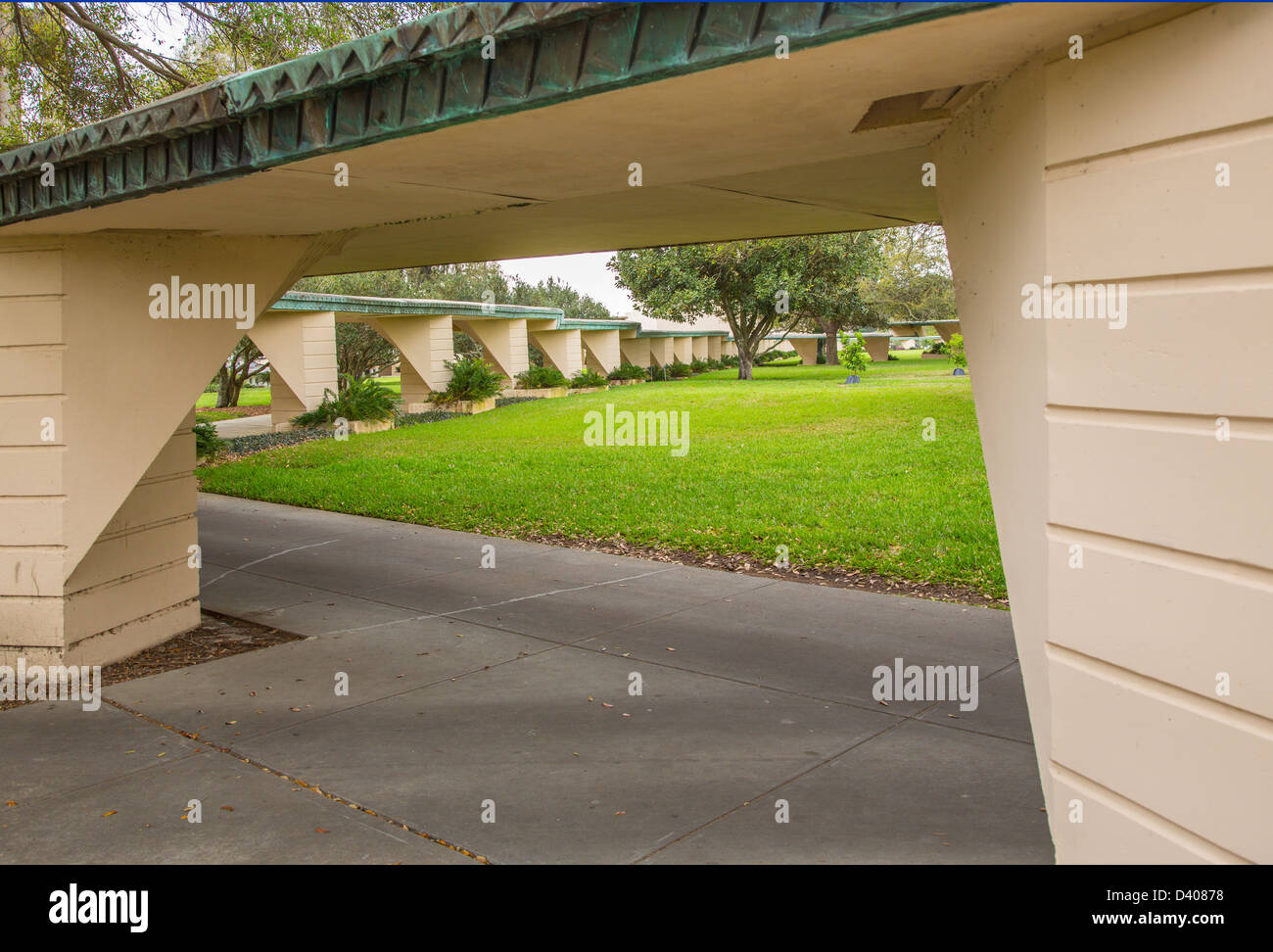 Esplanades or covered walkways at Frank Lloyd Wright designed Child of the Sun Florida Southern College campus in Lakeland FL Stock Photo