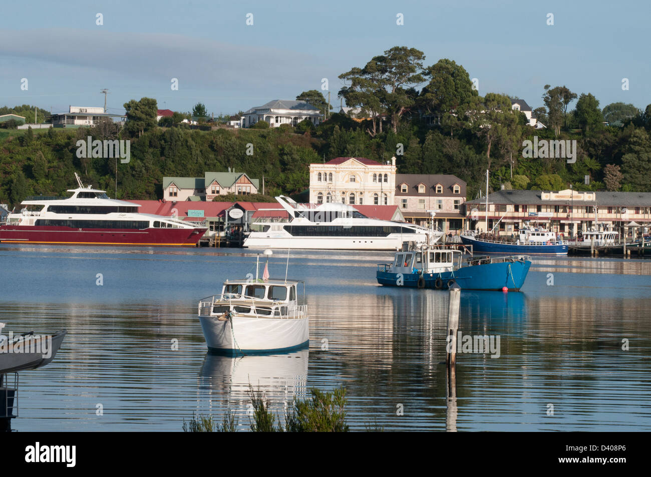 Port of Strahan on Macquarie Harbour, Tasmania's West Coast Stock Photo